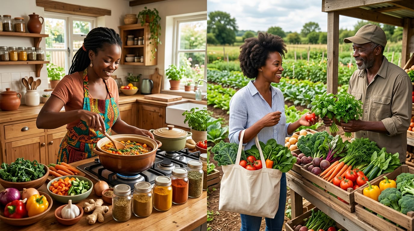 Woman cooking at home and buying fresh produce at a local market