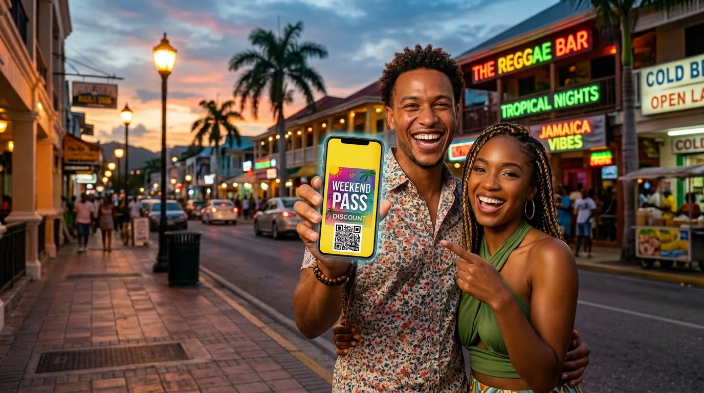 Couple showing their Weekend Pass QR code on a lively nightlife strip